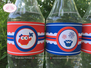 4th of July Owls Party Bottle Wraps Wrappers Label Cover Birthday Fireworks Flag Red White Blue USA Boogie Bear Invitations Blakeley Theme