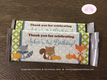 Load image into Gallery viewer, Woodland Animals Birthday Party Candy Bar Wraps Sticker Wrappers Fall Boy Girl Pumpkin Tree Thanksgiving Boogie Bear Invitations Asher Theme