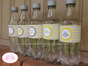 Yellow Grey Owl Baby Shower Bottle Wraps Wrappers Cover Label Woodland Animals Bird Tree Garden Boy Girl Boogie Bear Invitations Lara Theme