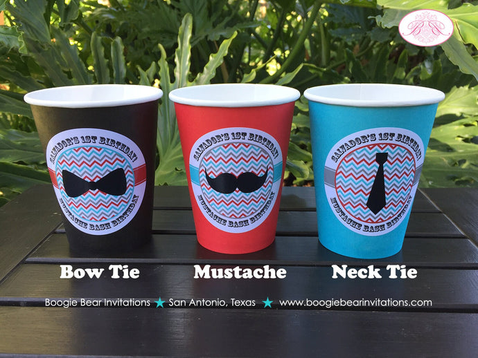 Little Man Birthday Party Beverage Cups Paper Drink Boy Mustache Bash Bow Neck Tie Red Blue Black Boogie Bear Invitations Salvador Theme