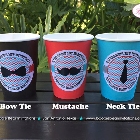 Little Man Birthday Party Beverage Cups Paper Drink Boy Mustache Bash Bow Neck Tie Red Blue Black Boogie Bear Invitations Salvador Theme