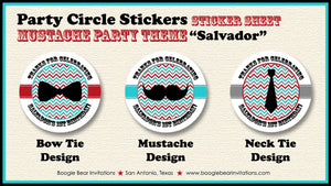 Little Man Mustache Party Stickers Circle Sheet Round Birthday ONE Boy Bow Tie Grey Black Red Blue Boogie Bear Invitations Salvador Theme