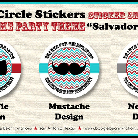 Little Man Mustache Party Stickers Circle Sheet Round Birthday ONE Boy Bow Tie Grey Black Red Blue Boogie Bear Invitations Salvador Theme