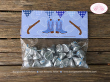 Load image into Gallery viewer, Blue Cowboy Baby Shower Treat Bag Toppers Folded Favor Gunslinger Ranch Boots Lone Star Brown Boy Gun Boogie Bear Invitations Shane Theme