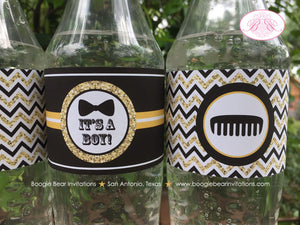 Mustache Baby Shower Bottle Wraps Wrappers Cover Label Black Gold Glitter Bash Bow Tie Chevron Boy 1st Boogie Bear Invitations Harley Theme