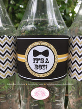 Load image into Gallery viewer, Mustache Baby Shower Bottle Wraps Wrappers Cover Label Black Gold Glitter Bash Bow Tie Chevron Boy 1st Boogie Bear Invitations Harley Theme