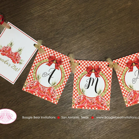 Red Gold BBQ Birthday Party Name Banner Flower Glitter Gingham Flowers Christmas Holiday 1st 21st 30th Boogie Bear Invitations Amanda Theme