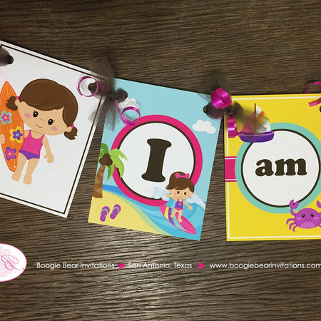 Surfer Girl Highchair I am 1 Banner Birthday Party Beach Pool Pink Surf Surfing Swim Swimming Ocean Boogie Bear Invitations Leilani Theme