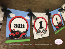 Load image into Gallery viewer, Motorcycle Birthday I am 1 Highchair Banner Party Red Black Track Driver Speed Racing Stripe Boy 1st Boogie Bear Invitations Giacomo Theme