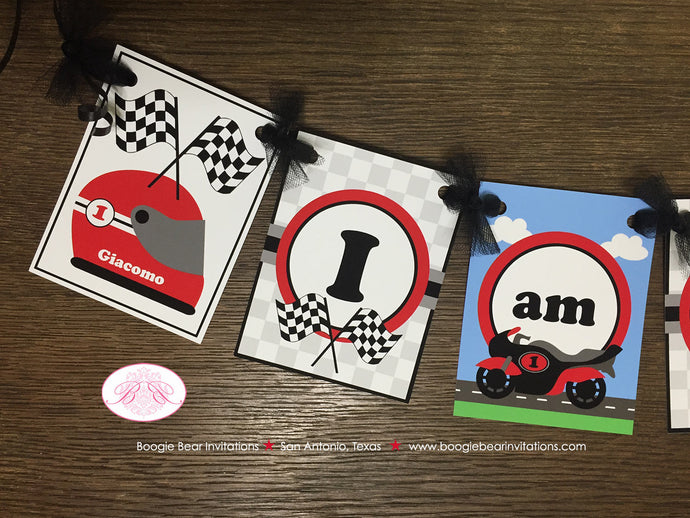 Motorcycle Birthday I am 1 Highchair Banner Party Red Black Track Driver Speed Racing Stripe Boy 1st Boogie Bear Invitations Giacomo Theme