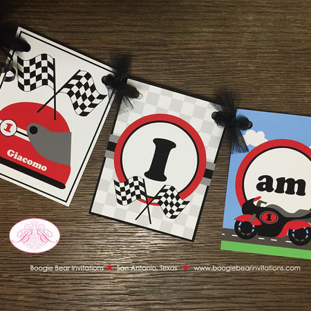 Motorcycle Birthday I am 1 Highchair Banner Party Red Black Track Driver Speed Racing Stripe Boy 1st Boogie Bear Invitations Giacomo Theme