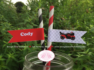 Red Motorcycle Birthday Party Pennant Paper Straws Drink Black Racing Motocross Enduro Race Street Track Boogie Bear Invitations Cody Theme