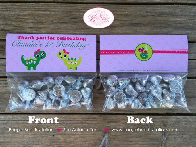 Pink Dinosaur Birthday Party Treat Bag Toppers Folded Favor Lime Green Girl Twin Bow Dino Paleontology Boogie Bear Invitations Claudia Theme