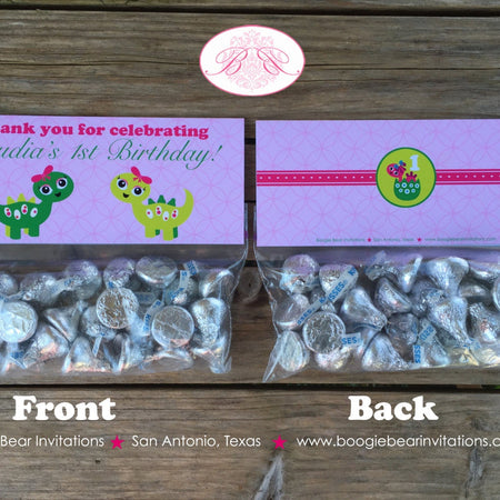 Pink Dinosaur Birthday Party Treat Bag Toppers Folded Favor Lime Green Girl Twin Bow Dino Paleontology Boogie Bear Invitations Claudia Theme