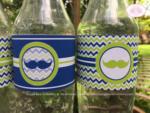 Mustache Birthday Party Bottle Wraps Wrappers Cover Label Navy Blue Lime Green Chevron Boy Vintage Bash Boogie Bear Invitations Walter Theme