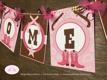 Load image into Gallery viewer, Pink Cowgirl Welcome Baby Banner Shower Party Gunslinger Boots Lone Star Pistol Gun Paisley Cow Gingham Boogie Bear Invitations Sherie Theme