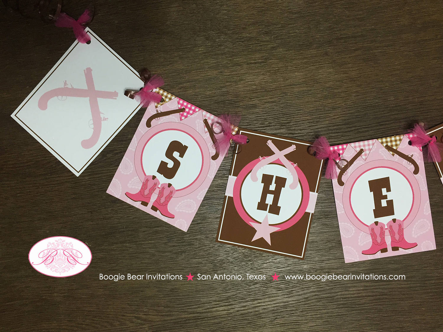 Pink Cowgirl Baby Shower Name Banner Party Gunslinger Boots Lone Star Pistol Gun Paisley Gingham Cow Boogie Bear Invitations Sherie Theme