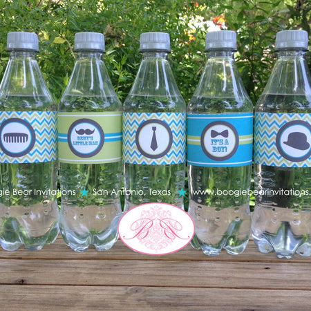 Mustache Bash Baby Shower Bottle Wraps Wrapper Cover Label Lime Green Blue Grey Retro Chevron Boy Formal Boogie Bear Invitations Remy Theme