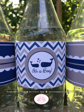 Load image into Gallery viewer, Navy Blue Whale Baby Shower Bottle Wraps Wrappers Cover Label Boy Girl Royal Grey Silver White Chevron Boogie Bear Invitations Kristy Theme