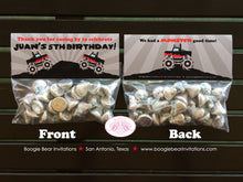 Load image into Gallery viewer, Monster Truck Birthday Party Treat Bag Toppers Folded Favor Red Black Smash Up Show Arena Boogie Bear Invitations Juan Theme