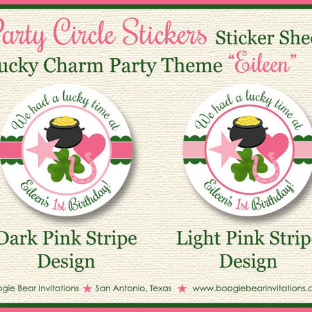 Lucky Charm Birthday Party Stickers Circle Sheet Round Girl Pink Green Favor St. Patrick's Day Shamrock Boogie Bear Invitations Eileen Theme