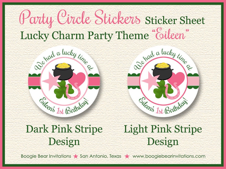Lucky Charm Birthday Party Stickers Circle Sheet Round Girl Pink Green Favor St. Patrick's Day Shamrock Boogie Bear Invitations Eileen Theme