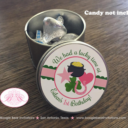 Lucky Charm Birthday Party Treat Favor Tins Circle Gift Box Candy Pink Green St. Patrick's Day Shamrock Boogie Bear Invitations Eileen Theme