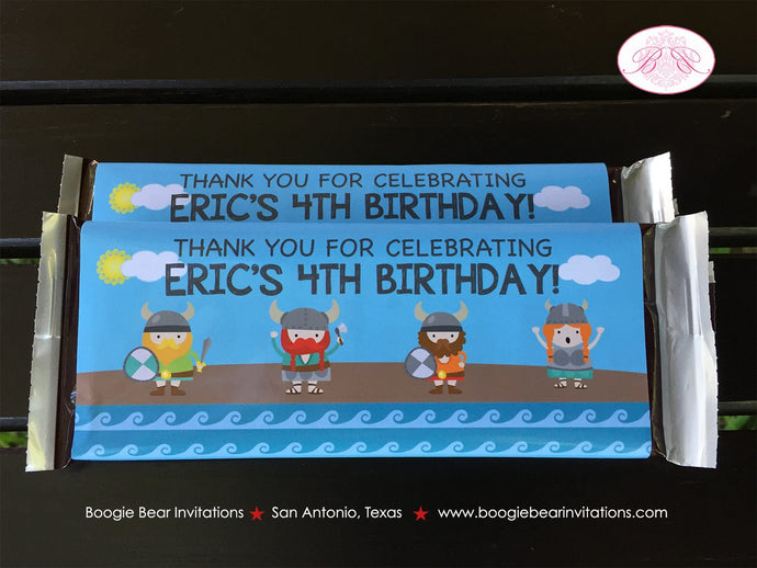 Viking Birthday Party Candy Bar Wraps Wrappers Sticker Warrior Boy Girl Red Blue Ship Swim Swimming Boat Boogie Bear Invitations Eric Theme