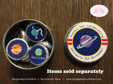 Load image into Gallery viewer, Outer Space Birthday Party Circle Stickers Candy Favor Red Planets Solar System Galaxy Stars Orbit Tag Boogie Bear Invitations Galileo Theme