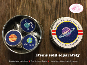 Outer Space Birthday Party Circle Stickers Candy Favor Red Planets Solar System Galaxy Stars Orbit Tag Boogie Bear Invitations Galileo Theme