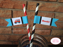 Load image into Gallery viewer, Cars Trucks Birthday Party Pennant Straws Paper Honk Beep Blue Red Aqua Turquoise Blue Boy Traffic Travel Boogie Bear Invitations Sam Theme