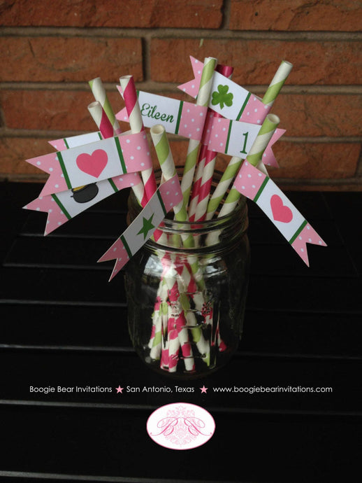 Lucky Charm Birthday Party Paper Straws Pennant Drink St. Patrick's Day Girl Pink Green Clover Shamrock Boogie Bear Invitations Eileen Theme
