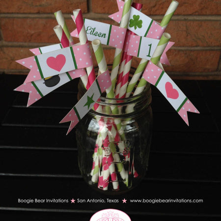 Lucky Charm Birthday Party Paper Straws Pennant Drink St. Patrick's Day Girl Pink Green Clover Shamrock Boogie Bear Invitations Eileen Theme