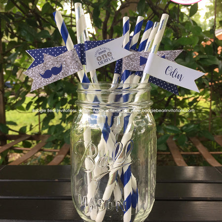 Mr. Wonderful Party Birthday Paper Straws Pennant 1st ONE Onederful Bow Tie Navy Blue Silver Grey Gray Boogie Bear Invitations Odin Theme