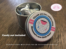 Load image into Gallery viewer, BBQ Reveal Baby Shower Treat Favor Tins Circle Candy Pink Blue Q Summer Picnic Boy Girl Barbecue Party Boogie Bear Invitations Shannon Theme