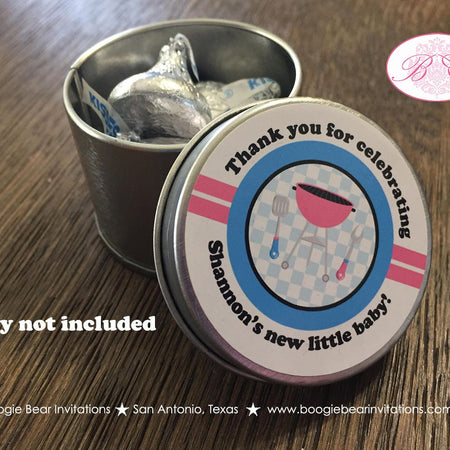 BBQ Reveal Baby Shower Treat Favor Tins Circle Candy Pink Blue Q Summer Picnic Boy Girl Barbecue Party Boogie Bear Invitations Shannon Theme