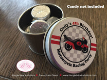 Load image into Gallery viewer, Red Motorcycle Birthday Party Treat Favor Tins Circle Gift Box Candy Black Enduro Motocross Racing Track Boogie Bear Invitations Cody Theme