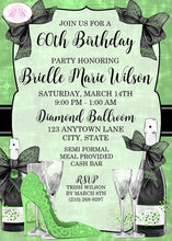 Load image into Gallery viewer, Black &amp; Green Modern Birthday Party Invitation Lucky Fashionista Shop Chic Boogie Bear Invitations Brielle Theme Paperless Printable Printed