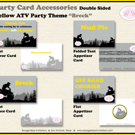 ATV Birthday Party Favor Card Tent Appetizer Food Place Yellow Black All Terrain Vehicle Quad 4 Wheeler Boogie Bear Invitations Breck Theme