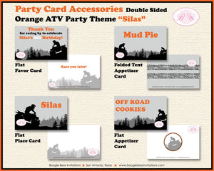 ATV Birthday Party Favor Card Tent Appetizer Place Orange Black Grey All Terrain Vehicle Quad 4 Wheeler Boogie Bear Invitations Silas Theme