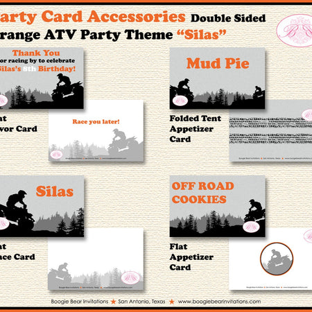 ATV Birthday Party Favor Card Tent Appetizer Place Orange Black Grey All Terrain Vehicle Quad 4 Wheeler Boogie Bear Invitations Silas Theme