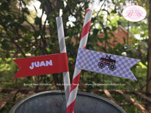 Load image into Gallery viewer, Monster Truck Birthday Party Paper Straws Red Black Race Pennant Smash Up Show Demo Arena Racing Modern Boogie Bear Invitations Juan Theme