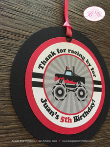 Monster Truck Birthday Party Favor Tags Red Black Grey Gray Race Jump Smash Up Show Arena Demo Racing Boogie Bear Invitations Juan Theme