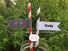 Load image into Gallery viewer, Red Motorcycle Birthday Party Pennant Paper Straws Drink Black Racing Motocross Enduro Race Street Track Boogie Bear Invitations Cody Theme