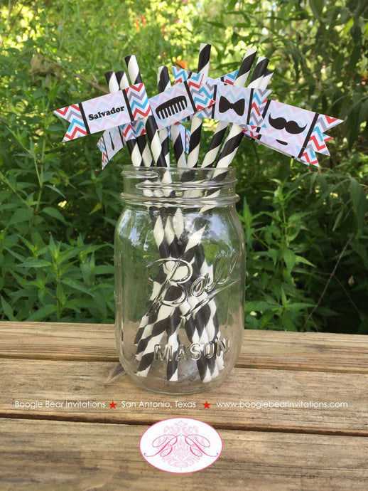 Mustache Birthday Party Paper Straws Bash Boy Little Man Chevron Pennant Black Red Blue Bow Tie Hat Boogie Bear Invitations Salvador Theme