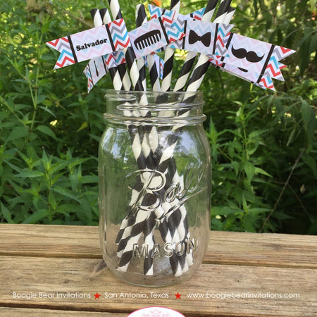 Mustache Birthday Party Paper Straws Bash Boy Little Man Chevron Pennant Black Red Blue Bow Tie Hat Boogie Bear Invitations Salvador Theme