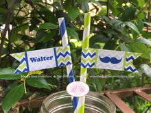 Load image into Gallery viewer, Mustache Birthday Party Paper Straws Beverage Lime Green Navy Blue Chevron Little Man Dashing Formal Boogie Bear Invitations Walter Theme
