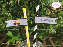 Load image into Gallery viewer, Construction Vehicles Birthday Party Straws Paper Pennant Beverage Drink Yellow Black Caution Truck Boogie Bear Invitations Russell Theme