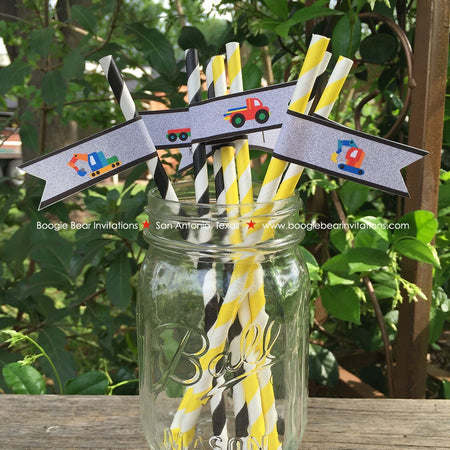 Construction Vehicles Birthday Party Straws Paper Pennant Beverage Drink Yellow Black Caution Truck Boogie Bear Invitations Russell Theme