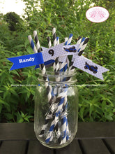 Load image into Gallery viewer, Blue Motorcycle Birthday Party Straws Pennant Paper Black Beverage Enduro Motocross Racing Street Track Boogie Bear Invitations Randy Theme